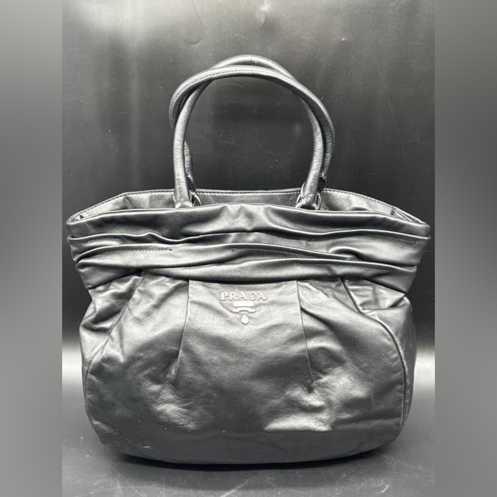 Prada Milano Black Nappa Leather Ruched Tote Shopper Bag Silver Logo + Dustbag